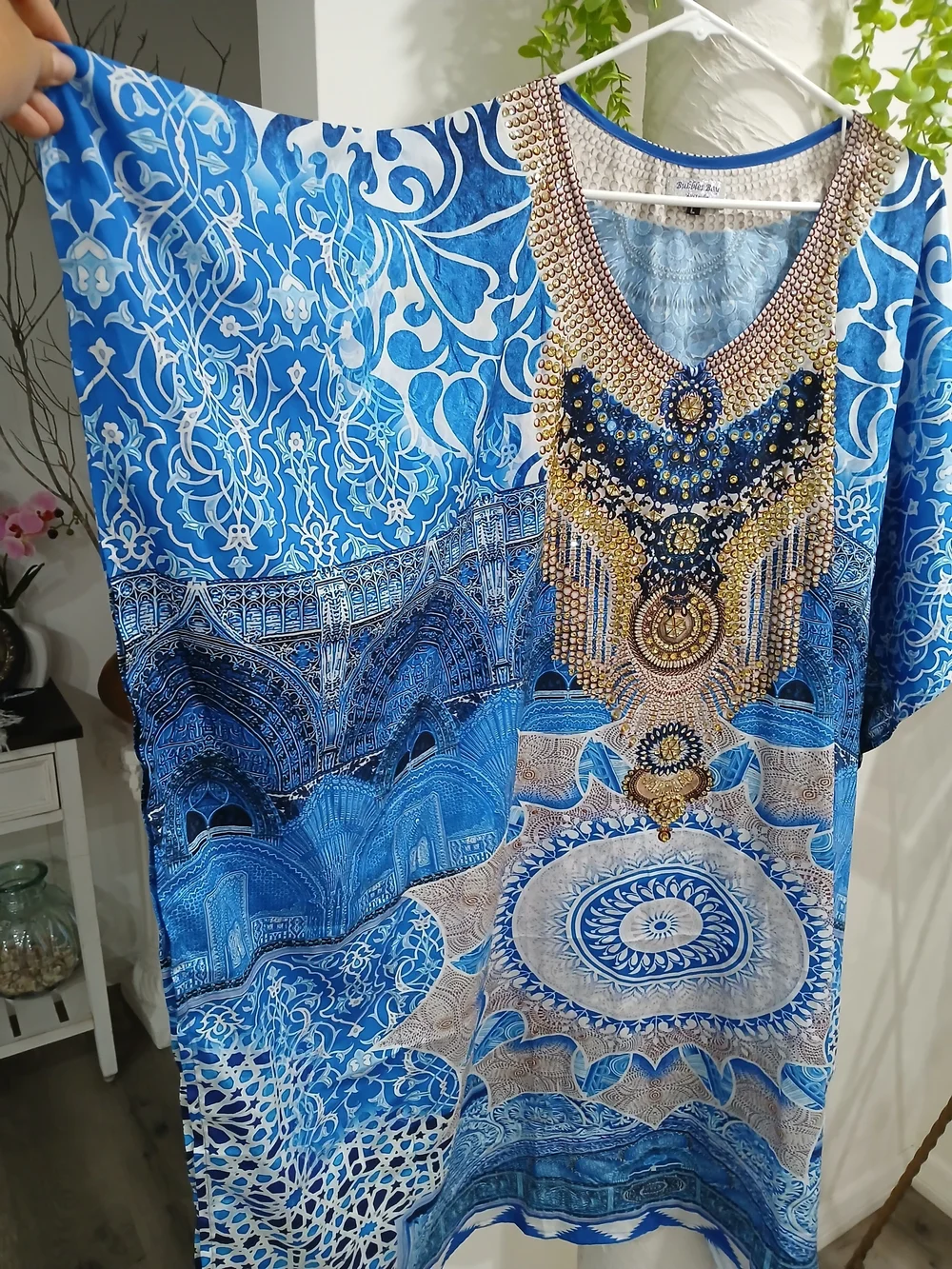 Mediterranean Blue Embellished V-Neck Swim Coverup